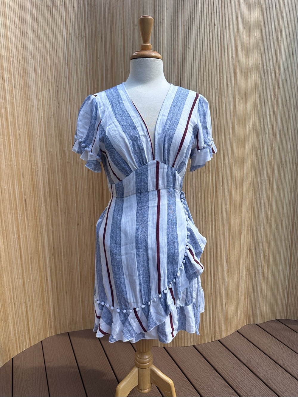Blue and White Striped V-Neck Ruffle Wrap Mini Dress